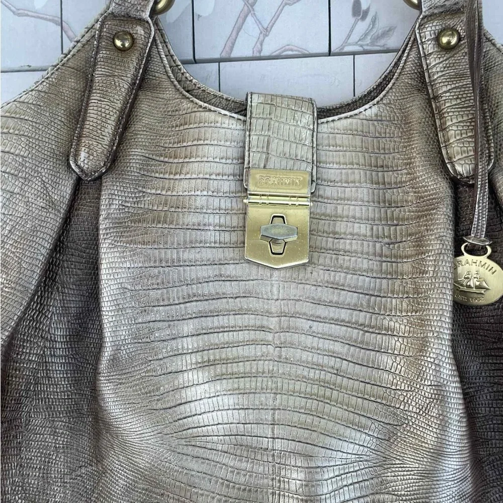 Brahmin Metallic Bronze Lizard-Embossed Tote with Gold Hardware - Picture 6 of 11
